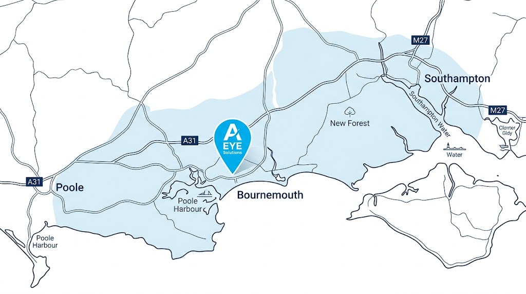 Map showing A Eye Solutions coverage area – Poole, Bournemouth and Southampton